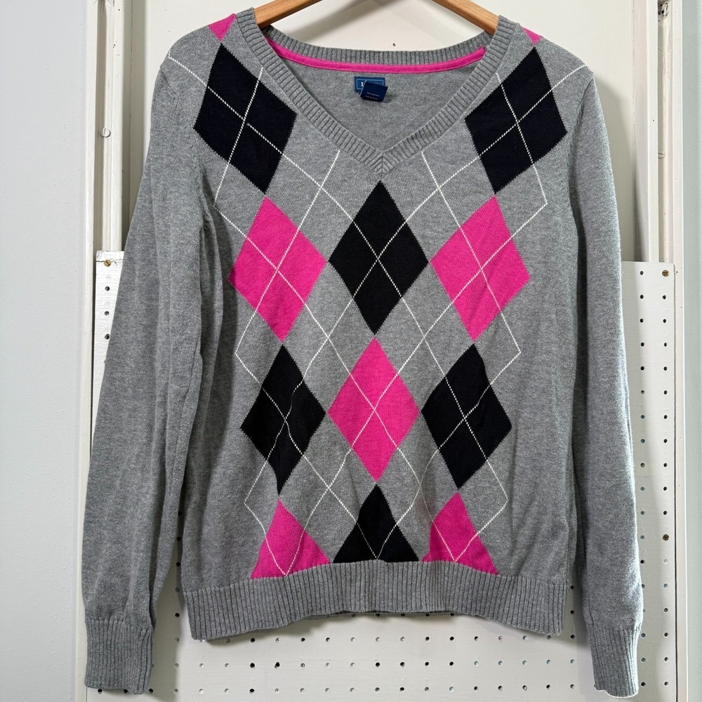 IZOD‎ Argyle Sweater Women's Gray Pink Diamond V-Neck Classic Pullover - Medium